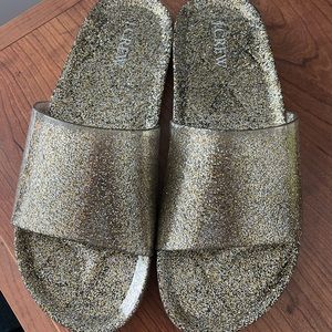 J Crew Jelly Pool Slides in Gold Glitter